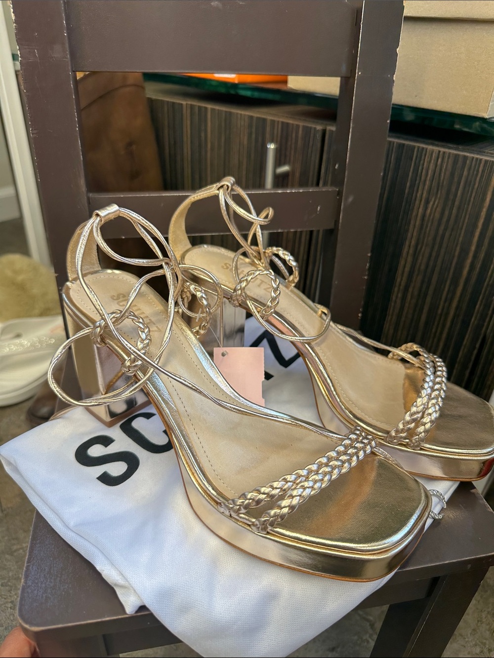 Schutz Lunah Platform Metallic Gold Braided Strap Platform Sandals for Women 7
